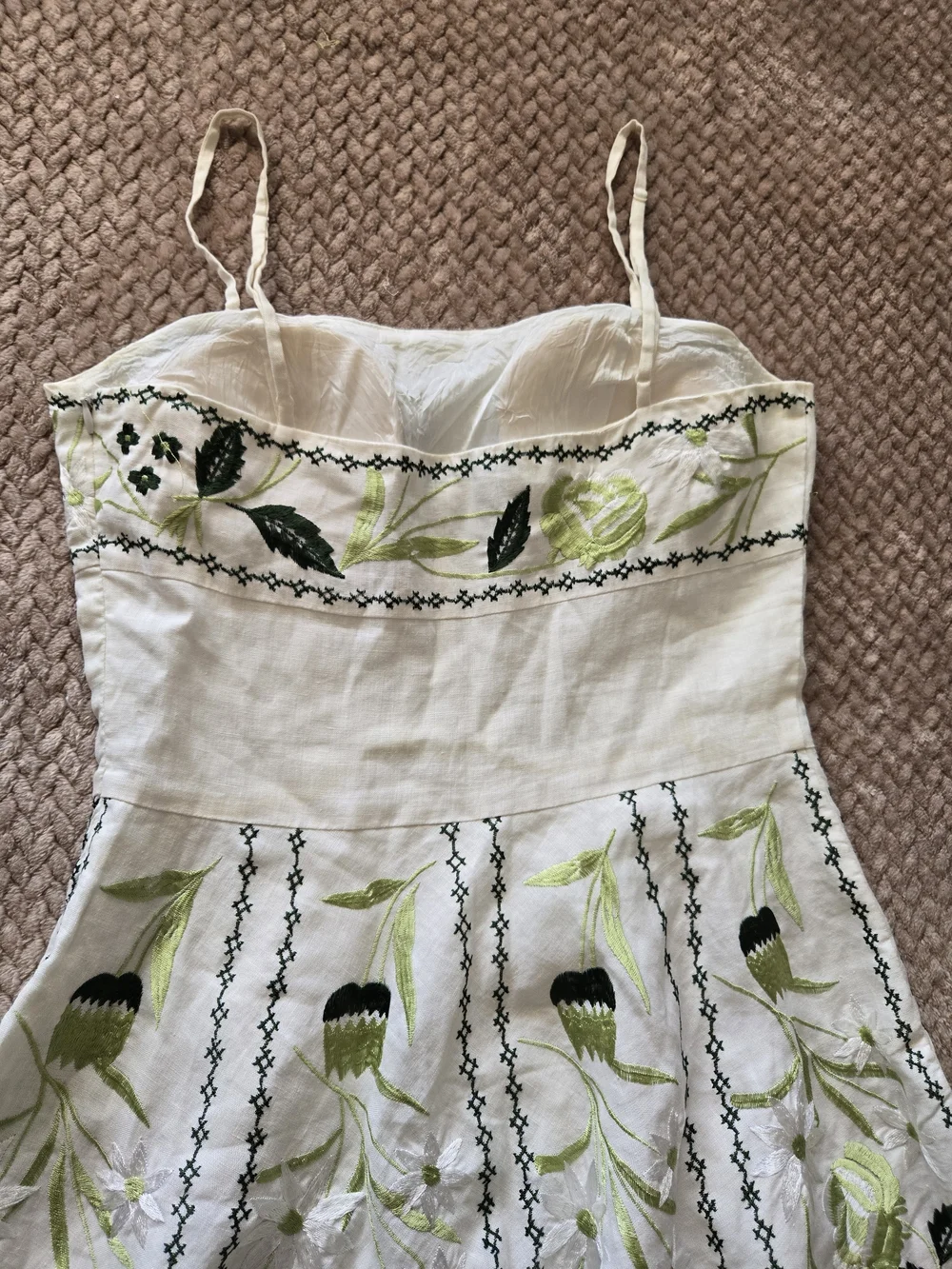 Sue Wong 100% Linen Embroidered Floral Dress Size 8 White Green Yellow